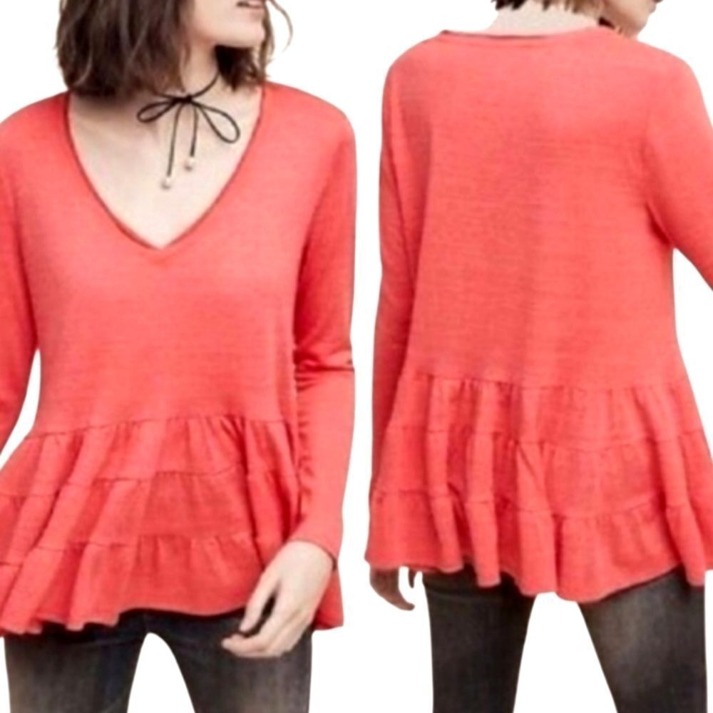 Anthropologie Deletta Thea Pink Ruffle Trim Peplum Top Size Small